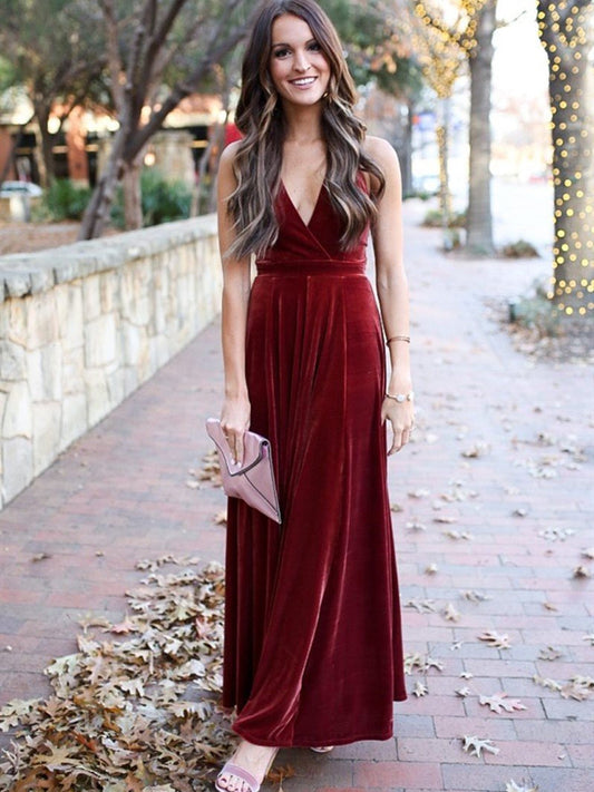 Vestidos de fiesta formales largos de terciopelo con escote en V y espalda descubierta