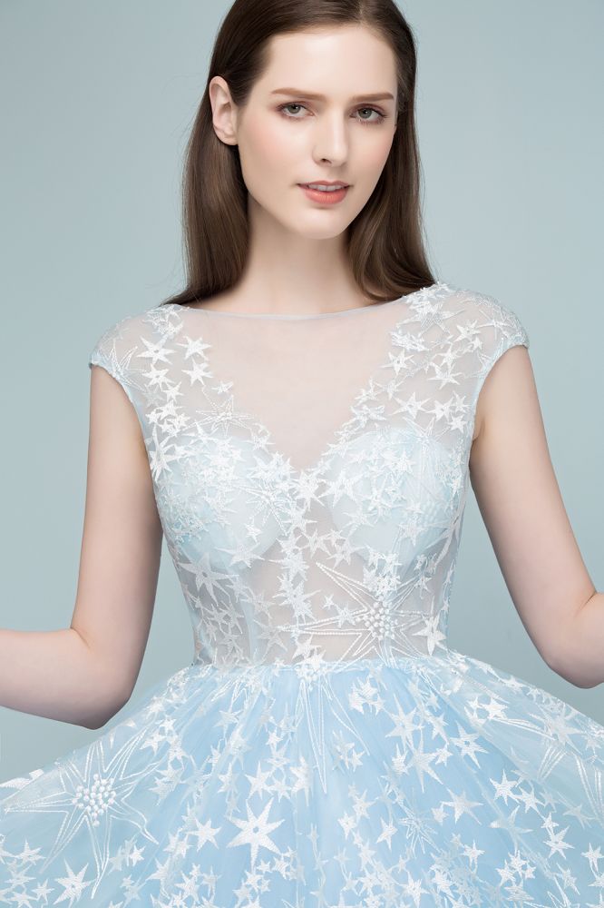 Vestidos de fiesta largos de tul con apliques y mangas casquillo en forma de A