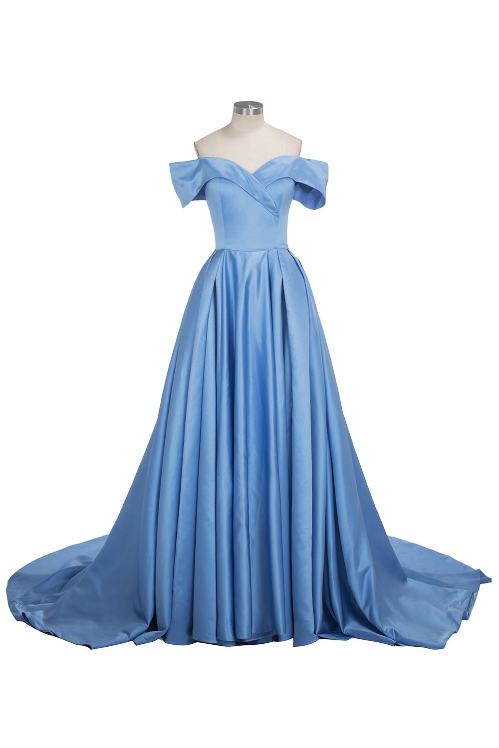 Long Ball Gown Off-shoulder Satin Blue Prom Dresses with Slit