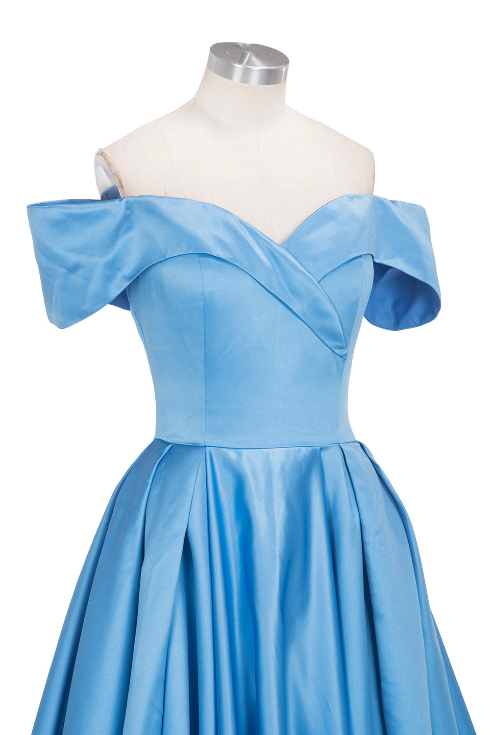 Long Ball Gown Off-shoulder Satin Blue Prom Dresses with Slit