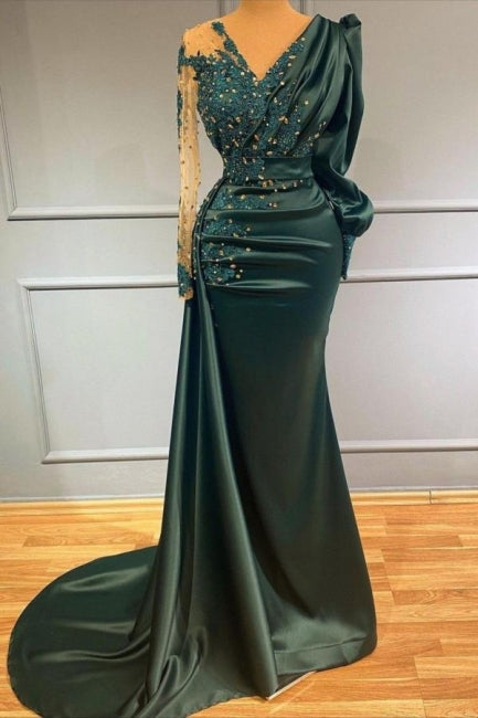 Vestidos de fiesta elegantes de sirena, largos, verde oscuro y con mangas