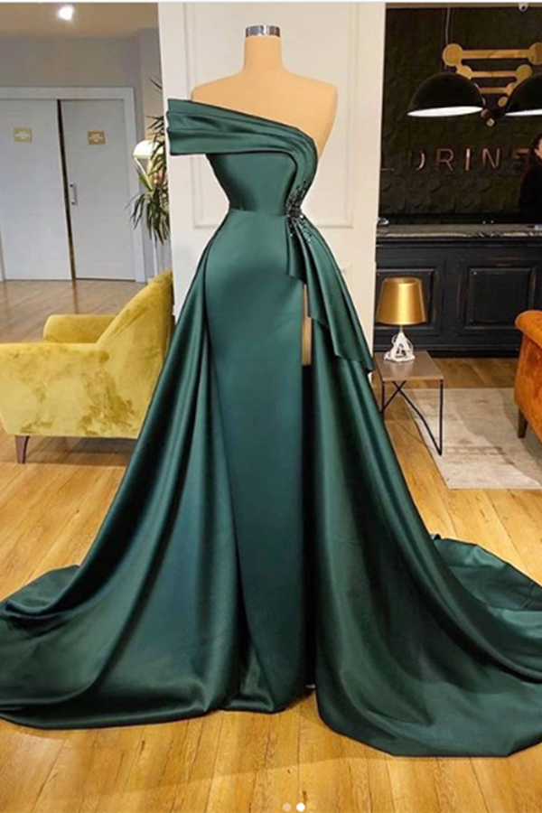 Lange dunkelgrüne Satin-Ballkleider, elegante Abendkleider mit Schlitz