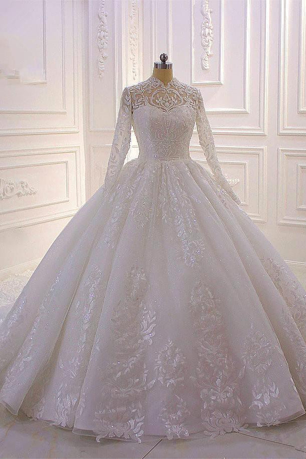 Langes Ballkleid-Brautkleid mit hohem Halsausschnitt, Applikationen und Spitze