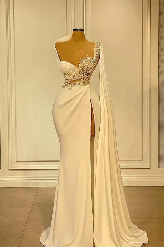 Vestido de fiesta largo de sirena con volantes asimétricos, satén y cuentas, con abertura alta