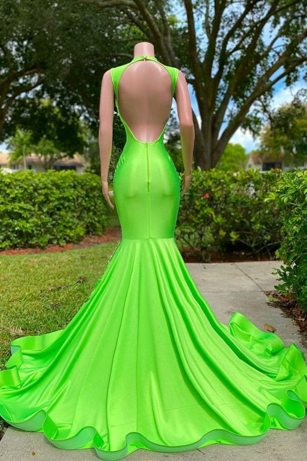 Vestido de fiesta largo de sirena con escote en V profundo, lentejuelas y satén elástico, sin espalda y apliques