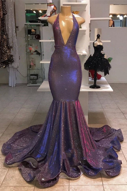 Vestidos de fiesta formales con lentejuelas y escote halter de sirena larga