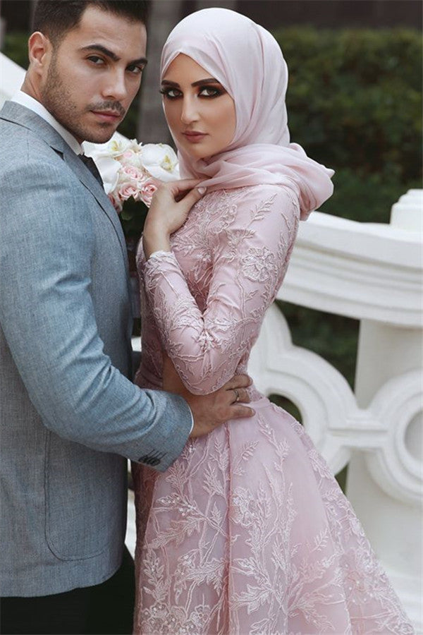 Long Mermaid High Neck Appliques Lace Prom Dress with Sleeves