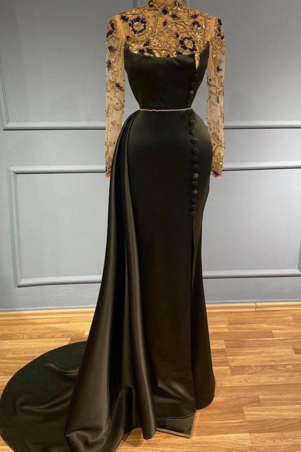 Long Mermaid High Neck Satin Prom Dress with Sleeeves
