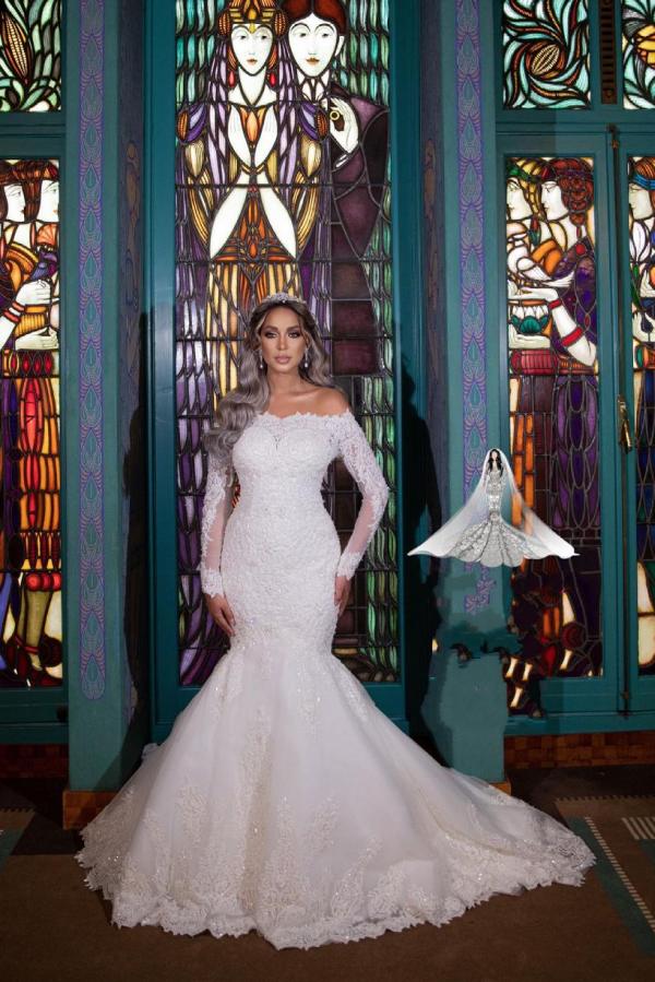 Langes, schulterfreies, abnehmbares Meerjungfrau-Brautkleid mit Ärmeln
