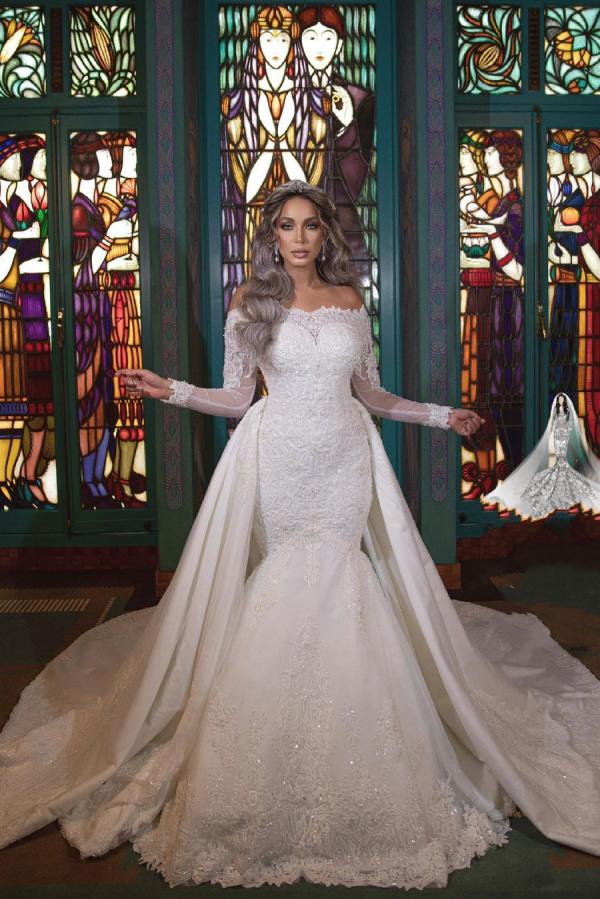Langes, schulterfreies, abnehmbares Meerjungfrau-Brautkleid mit Ärmeln
