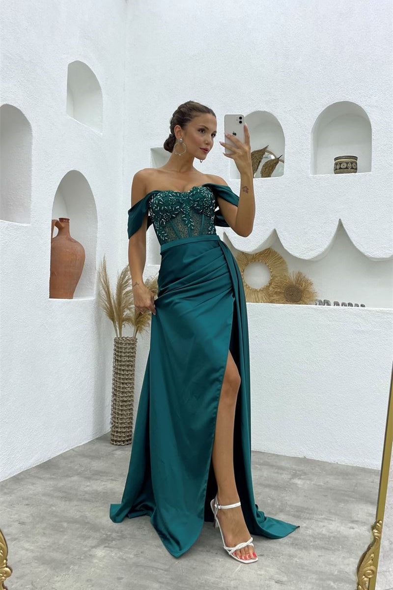 Vestidos de fiesta formales de satén con cuentas y hombros descubiertos de sirena larga con abertura