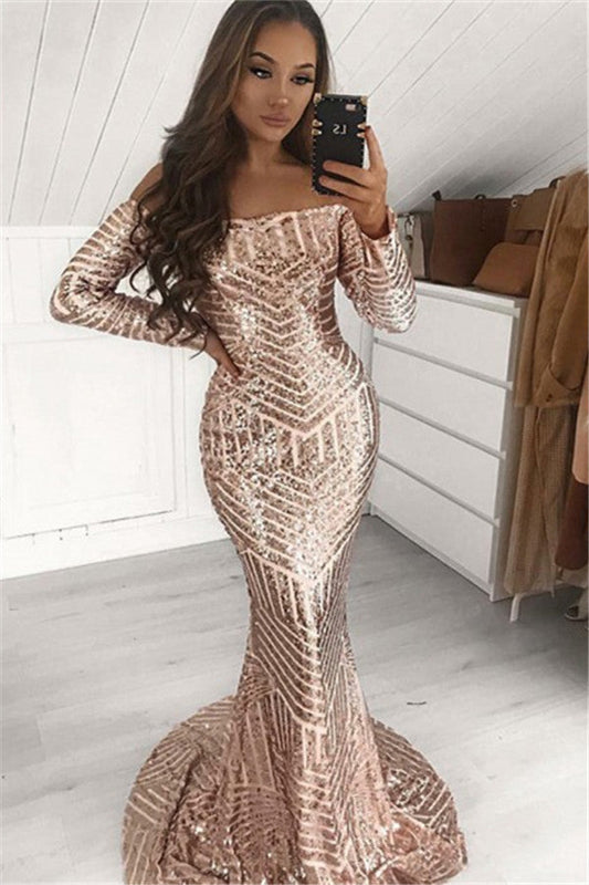 Langes, schulterfreies Ballkleid im Meerjungfrauen-Stil mit Pailletten und Ärmeln