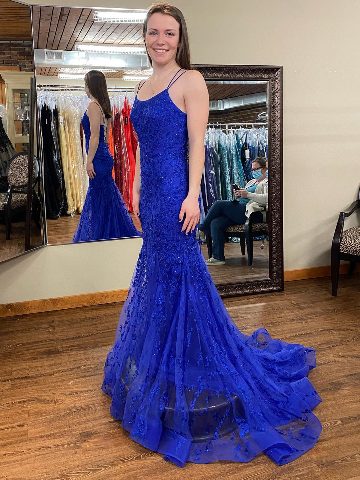Vestido de fiesta largo de sirena con escote redondo y encaje en la espalda abierta, color azul real, vestidos de noche formales