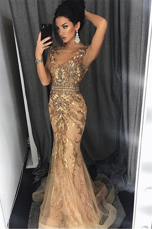 Langes Ballkleid aus Tüll mit Meerjungfrau-Trägern und Perlen