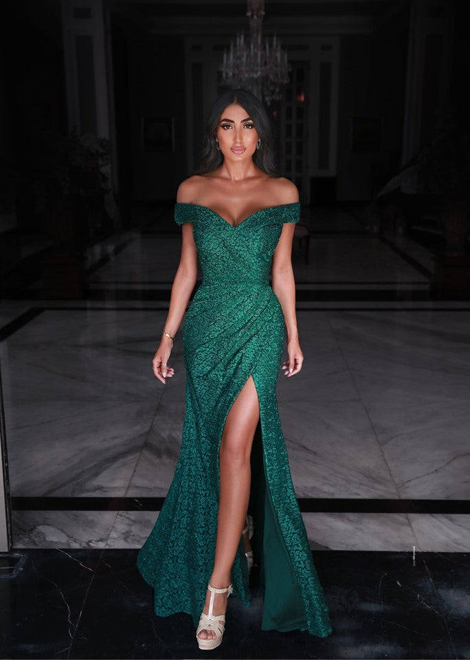 Long Mermaid Sweetheart Off-the-shoulder Green Prom Dresses with Slit