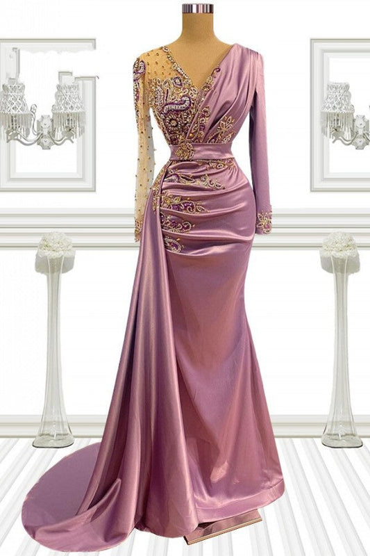 Langes Meerjungfrau-Ballkleid aus Satin mit V-Ausschnitt und Perlenbesatz und Ärmeln