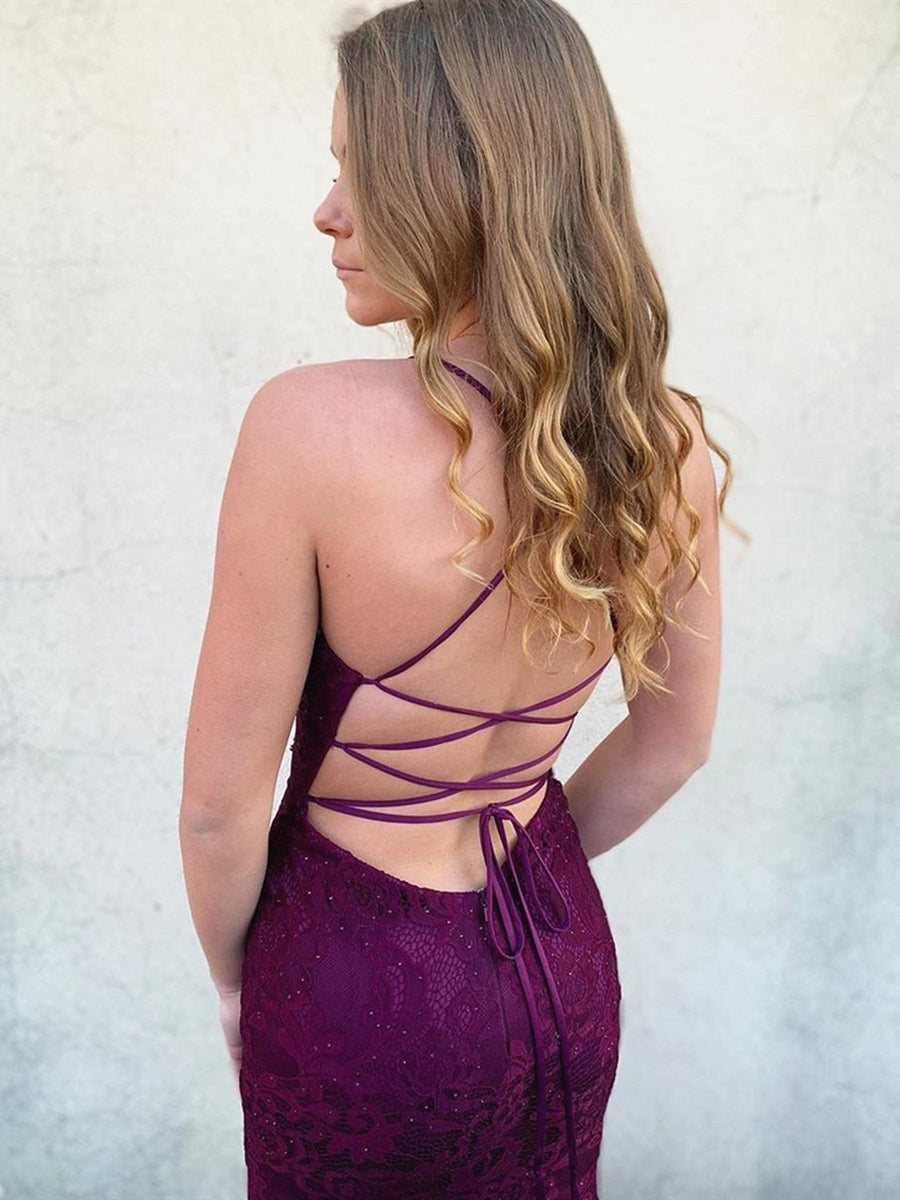 Long Mermaid V Neck Lace Backless Graduation Prom Dresses