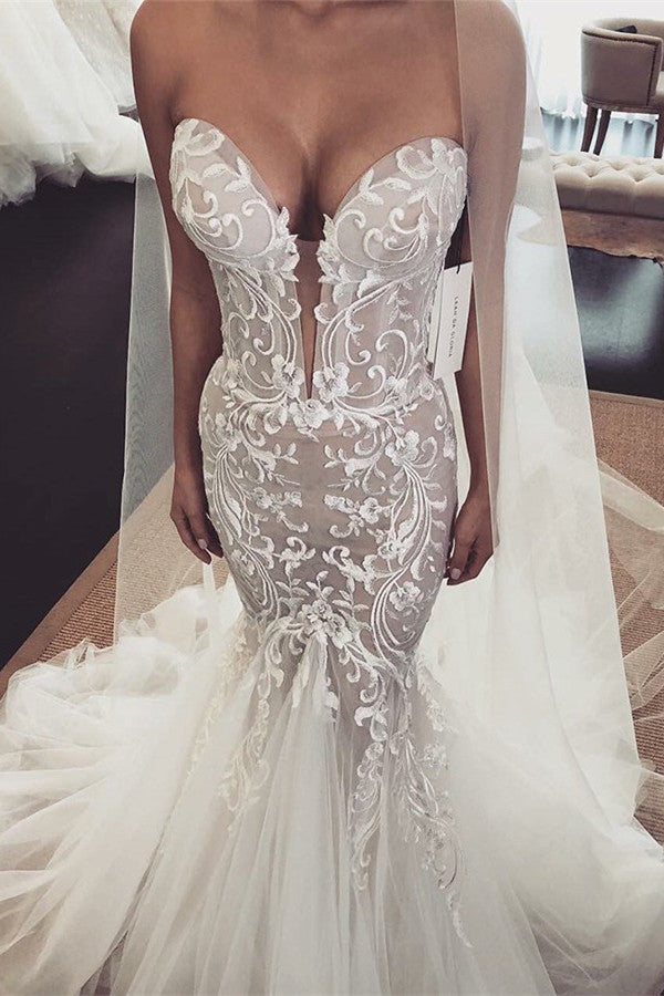 Long Mermaid V-neck Tulle Lace Wedding Dresses