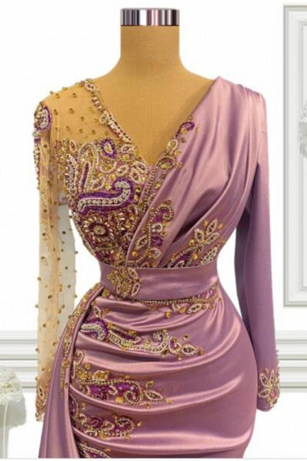 Vestidos de fiesta largos de sirena con cuentas rosas y mangas