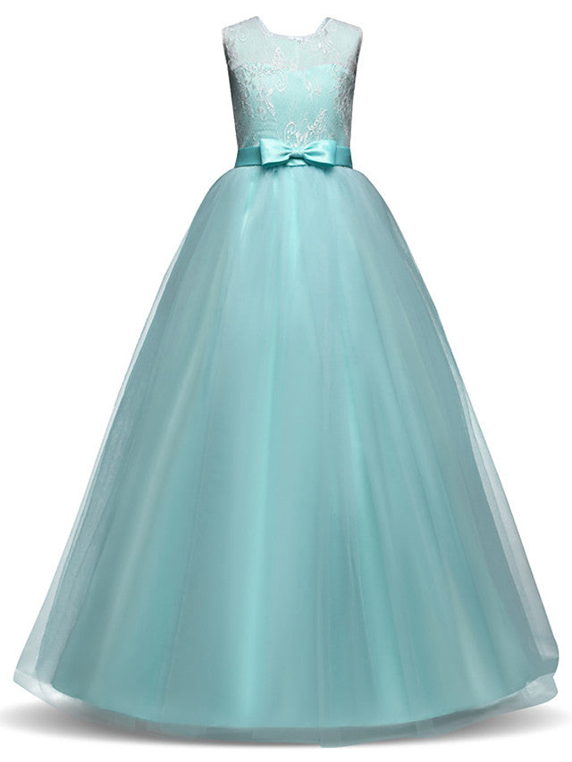 Long Princess Lace Tulle Jewel Neck Party Birthday Pageant Flower Girl Dresses