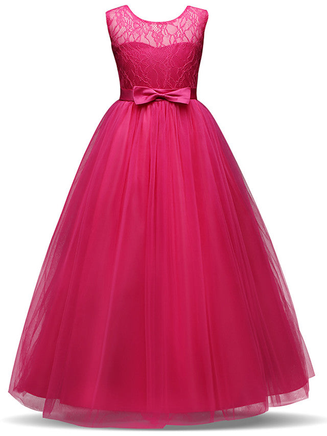Long Princess Lace Tulle Jewel Neck Party Birthday Pageant Flower Girl Dresses