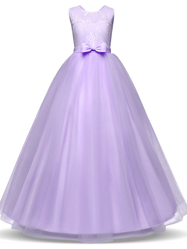 Long Princess Lace Tulle Jewel Neck Party Birthday Pageant Flower Girl Dresses