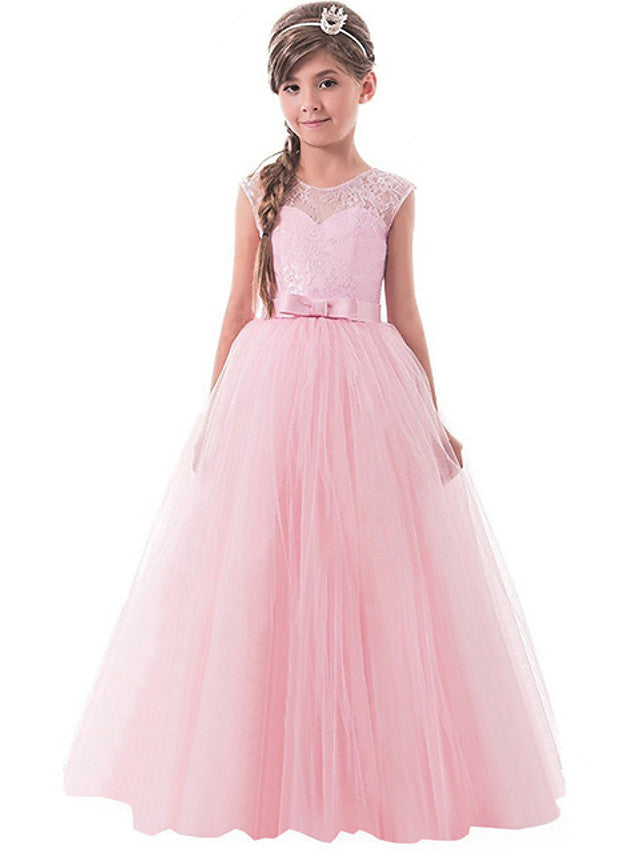 Long Princess Lace Tulle Jewel Neck Party Birthday Pageant Flower Girl Dresses