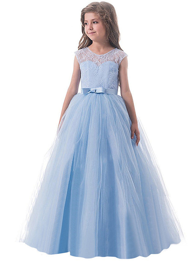 Long Princess Lace Tulle Jewel Neck Party Birthday Pageant Flower Girl Dresses