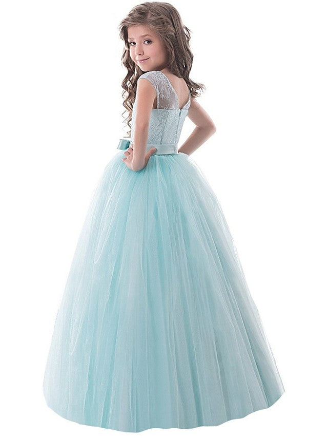 Long Princess Lace Tulle Jewel Neck Party Birthday Pageant Flower Girl Dresses