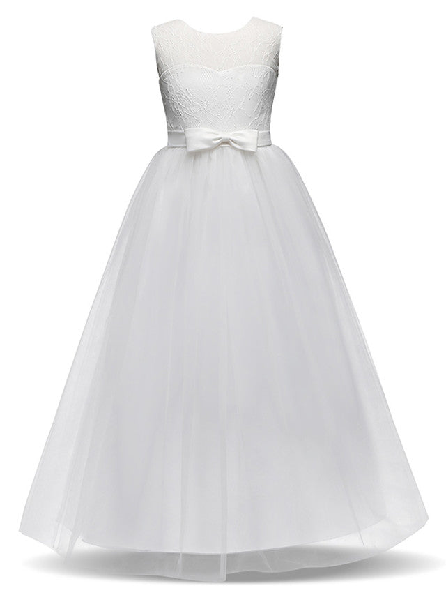 Long Princess Lace Tulle Jewel Neck Party Birthday Pageant Flower Girl Dresses