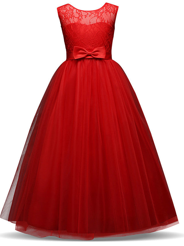 Long Princess Lace Tulle Jewel Neck Party Birthday Pageant Flower Girl Dresses
