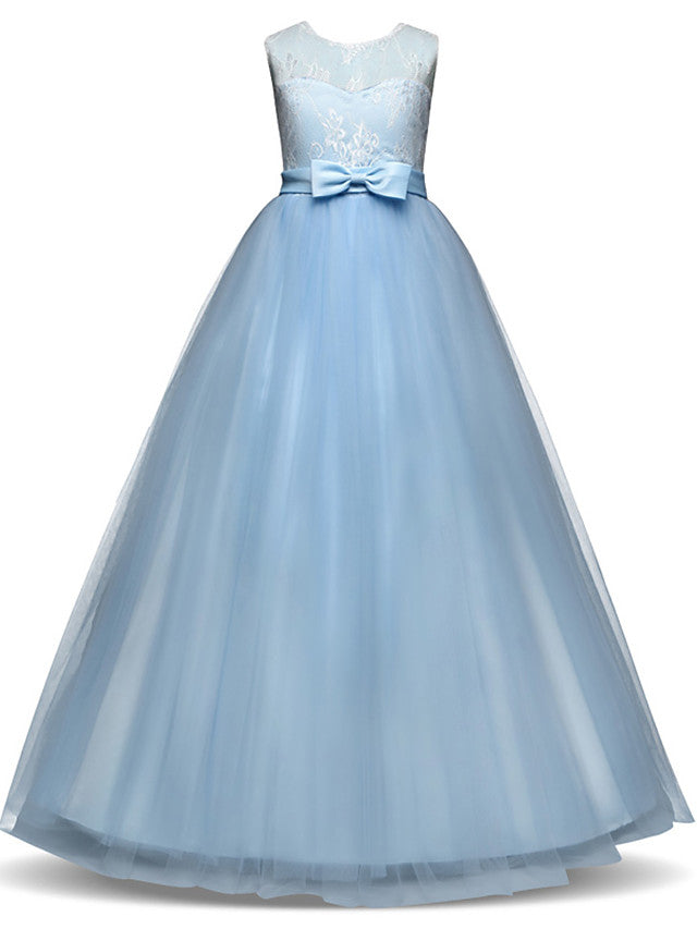 Long Princess Lace Tulle Jewel Neck Party Birthday Pageant Flower Girl Dresses
