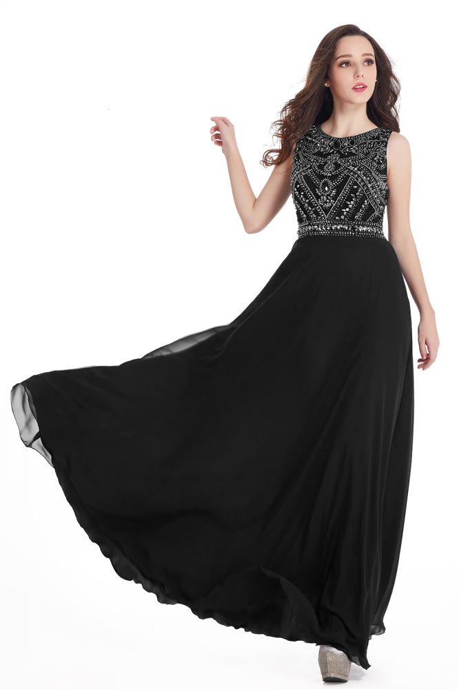 Long Sheath Jewel Floor Length Chiffon Crystals Prom Dresses