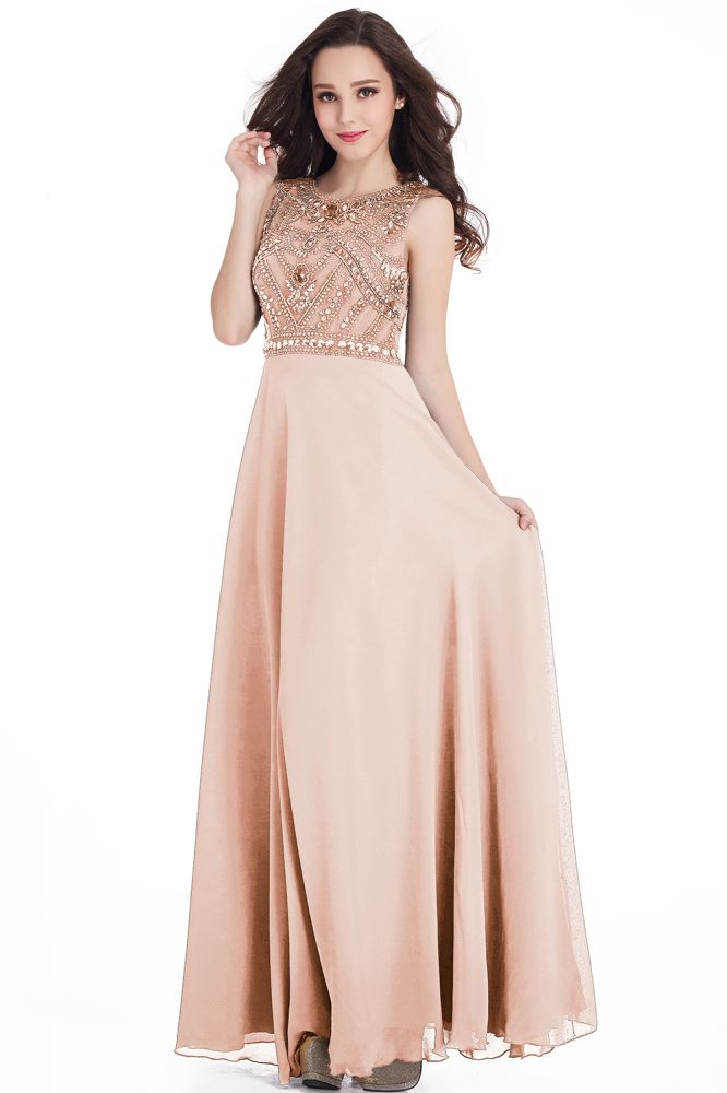 Long Sheath Jewel Floor Length Chiffon Crystals Prom Dresses