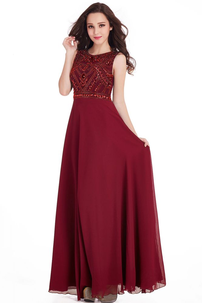 Long Sheath Jewel Floor Length Chiffon Crystals Prom Dresses