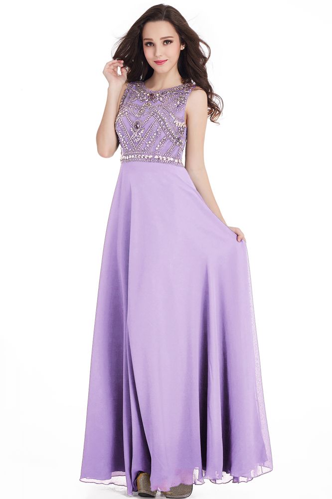 Long Sheath Jewel Floor Length Chiffon Crystals Prom Dresses