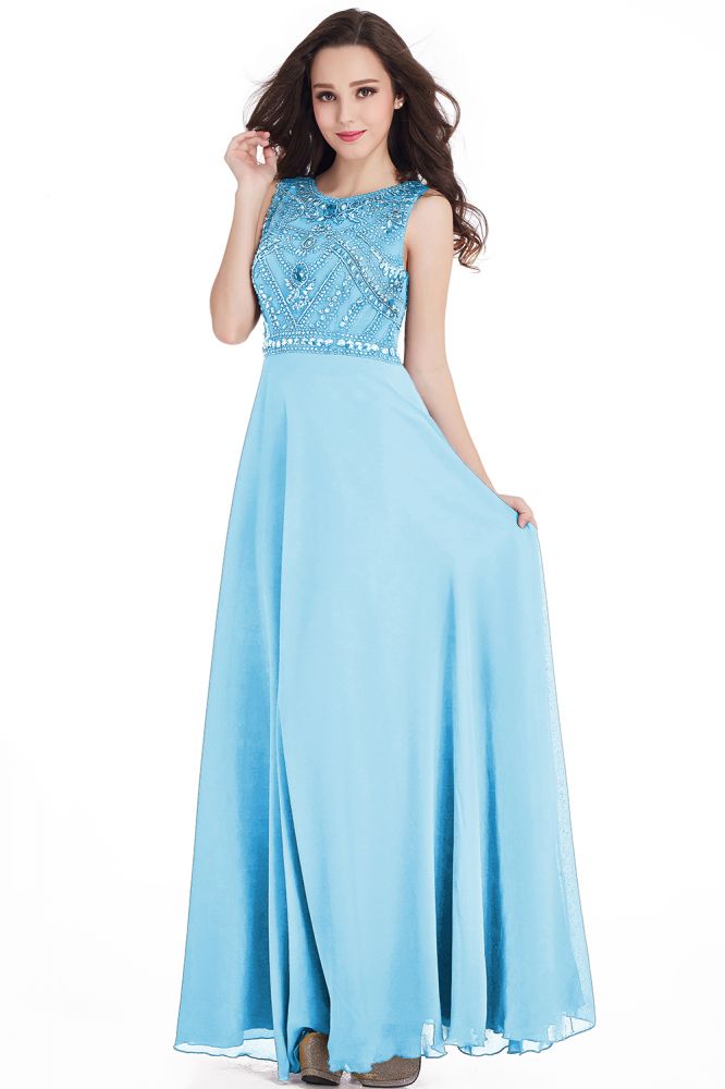 Long Sheath Jewel Floor Length Chiffon Crystals Prom Dresses