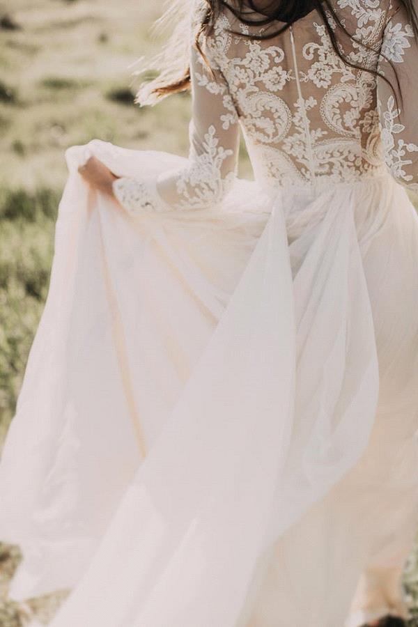 Long Sleeve A-line Appliques Lace Chiffon Wedding Dress