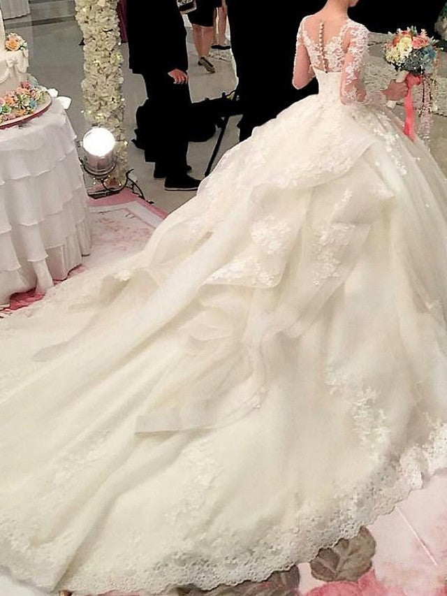 Long Sleeve A-Line Scoop Neck Court Train Organza Wedding Dresses