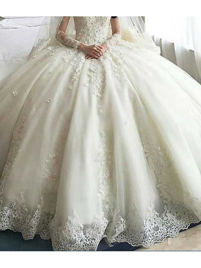 Long Sleeve A-Line Scoop Neck Court Train Organza Wedding Dresses