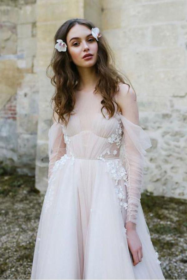 Langarm Strand Brautkleider Kalte Schulter Boho Rustikales Brautkleid