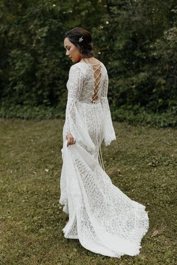 Langarm-Brautkleider aus Spitze mit Schnürung am Rücken, Strand-Brautkleid