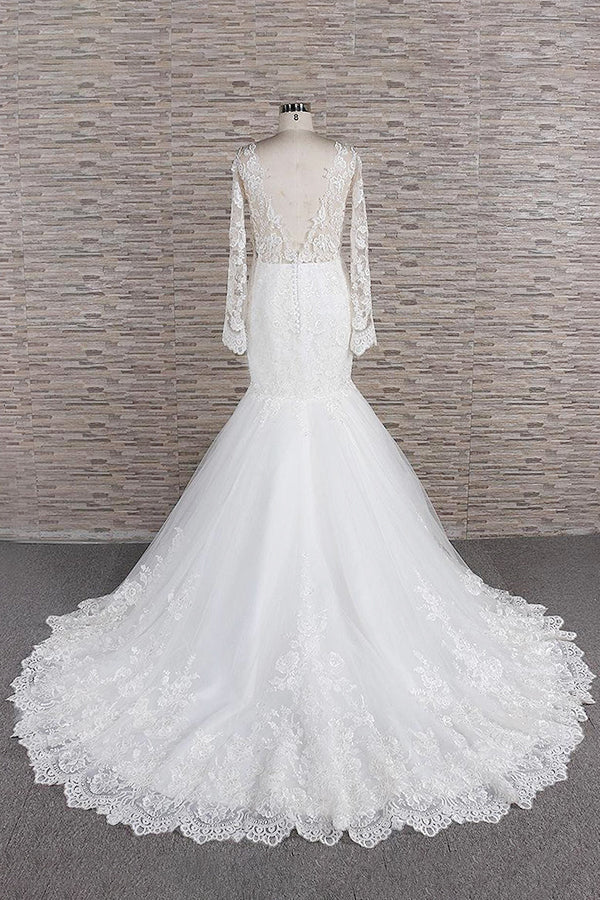 Langarm Meerjungfrau Sweetheart Applikationen Spitze Rückenfreies Brautkleid