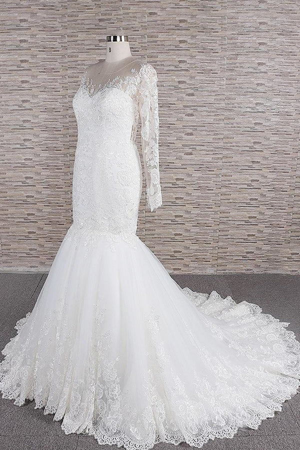 Langarm Meerjungfrau Sweetheart Applikationen Spitze Rückenfreies Brautkleid