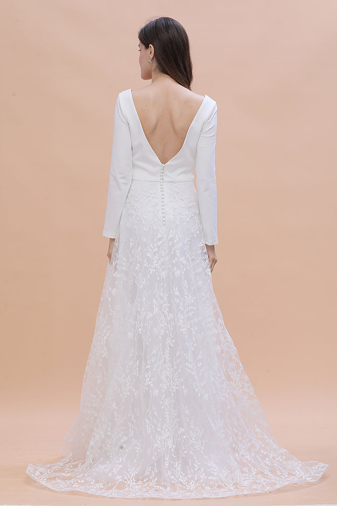Langarm V-Ausschnitt Boho Brautkleider Satin Rückenfreies Spitzen Brautkleid
