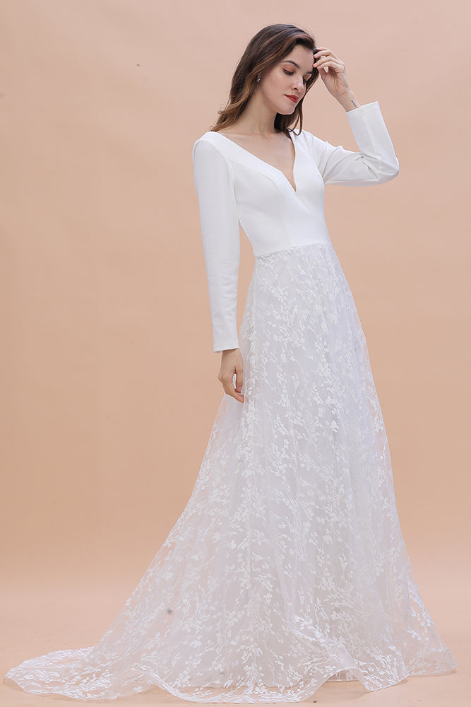 Langarm V-Ausschnitt Boho Brautkleider Satin Rückenfreies Spitzen Brautkleid