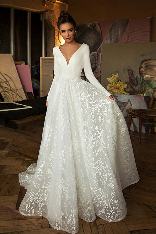 Langarm V-Ausschnitt Boho Brautkleider Satin Rückenfreies Spitzen Brautkleid