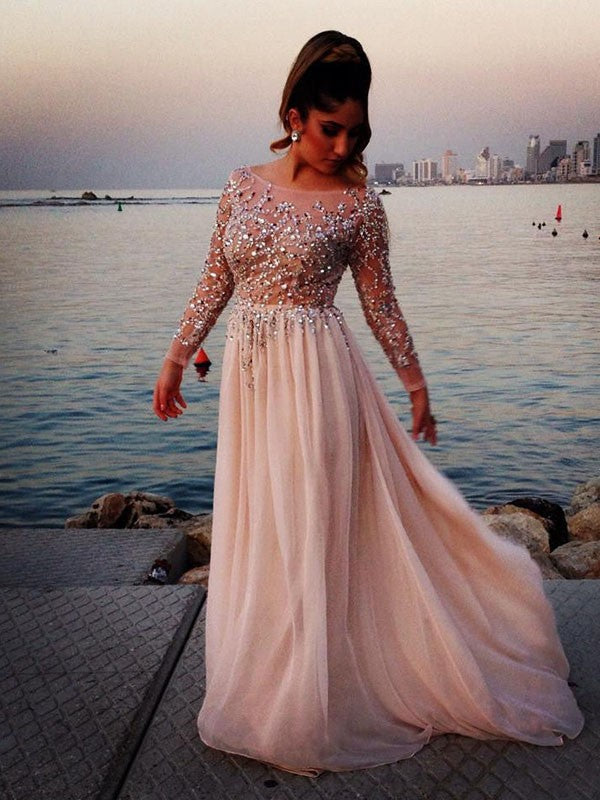 Vestido elegante de gasa con mangas largas, corte A/bote y cuentas hasta el suelo