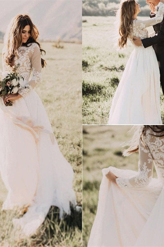 Langärmliges U-Ausschnitt-Brautkleid aus Tüll mit Applikationen