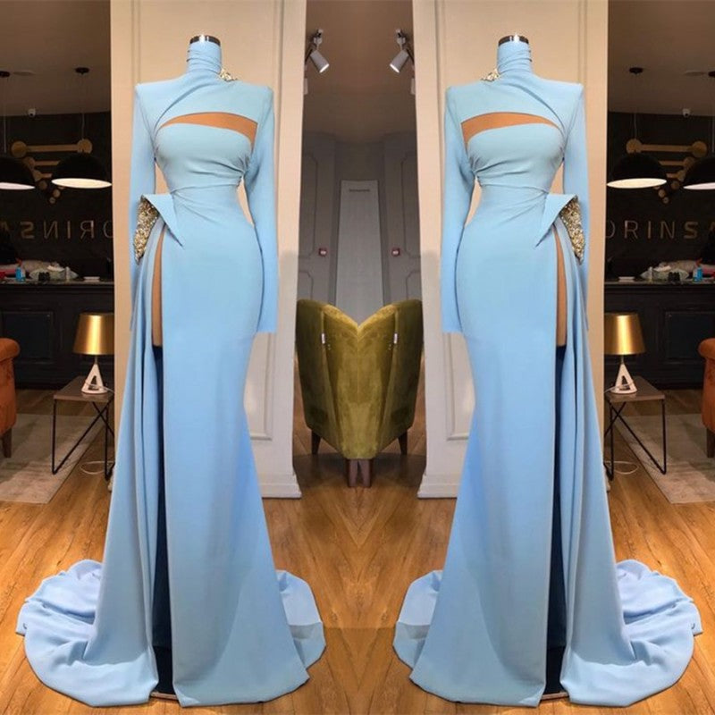 Langärmliges, hochgeschlossenes Meerjungfrau-Ballkleid mit Schlitz
